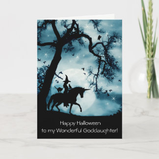 Halloween voor Goddochter Cute Witch en Unicorn Kaart