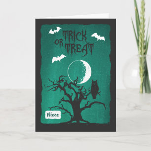 Halloween voor nichtje, uil kromme boom maan en vl kaart