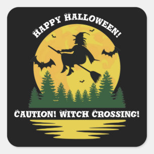 Halloween Waarschuwing Heks Overvliegt met Bezemst Vierkante Sticker