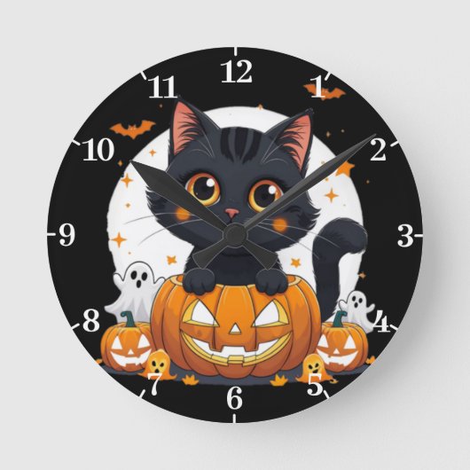 Halloween Wall Clock with cute cat Ronde Klok (Voorkant)