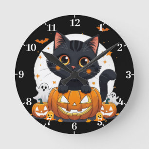 Halloween wandklok met knuffelkat ronde klok