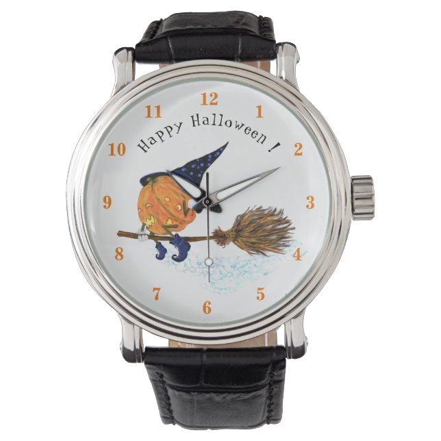 Halloween Watch Witch Pumpkin Flying Broom Horloge (Voorkant)