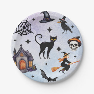 Halloween Waterverf Crow Witch Cat Skull Pattern Papieren Bordje