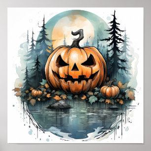 Halloween Waterverf griezelige pompoen in bos Poster