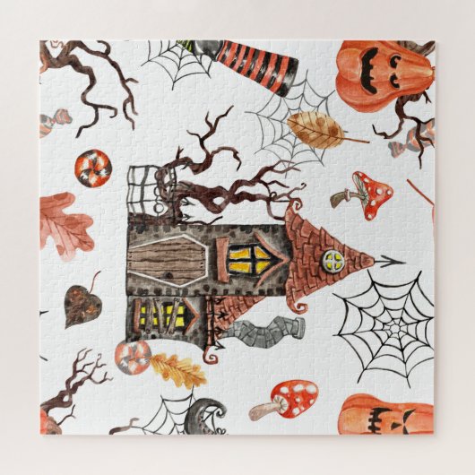 Halloween Waterverf: Haunted House Pattern. Legpuzzel (Horizontaal)