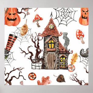 Halloween Waterverf: Haunted House Pattern. Poster