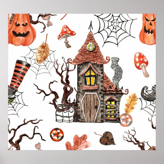 Halloween Waterverf: Haunted House Pattern. Poster (Voorkant)