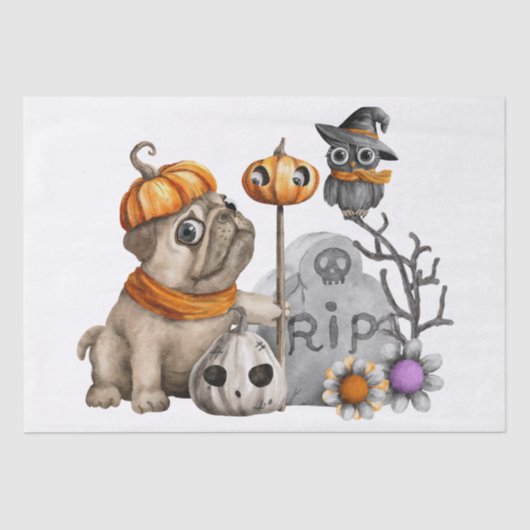 Halloween Waterverf Pug Dog Owl Tissuepapier (Voorkant)