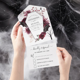 Halloween Wedding Autumn Herfst Dark Burgundy Blac All In One Uitnodiging