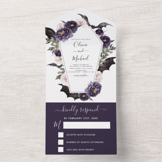 Halloween Wedding Autumn Herfst Donker Paars All In One Uitnodiging (Binnen)