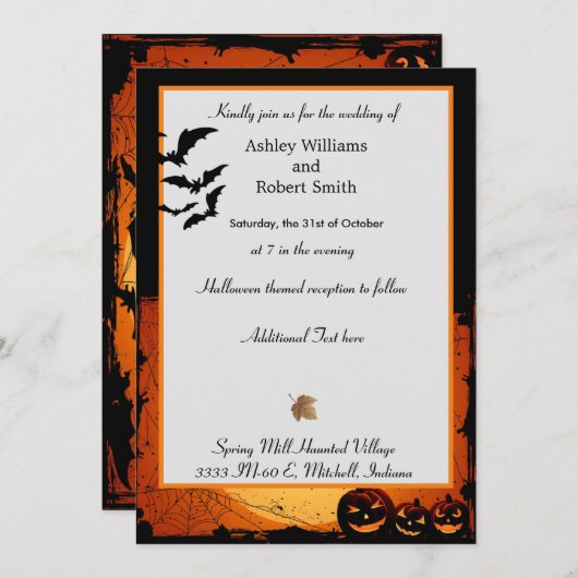 Halloween Wedding Invitation Flat Kaart Spooky Bat (Voorkant / Achterkant)