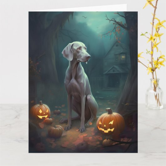 Halloween Weimaraner met pompoenen griezelig Kaart (Gele Bloem)