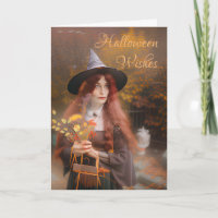 Halloween Wensen Heks Holding Herfst Boeket