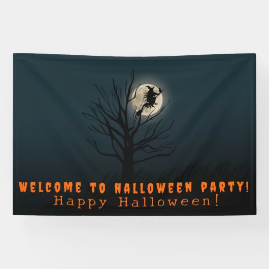 Halloween wenst heks maan boom spandoek (Horizontaal)