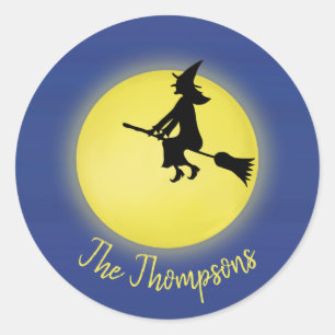 Halloween Whimsical Flying Witch Full Moon Cute Ronde Sticker