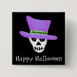 Halloween Whimsy Skelet Skull Happy Halloween Vierkante Button 5,1 Cm