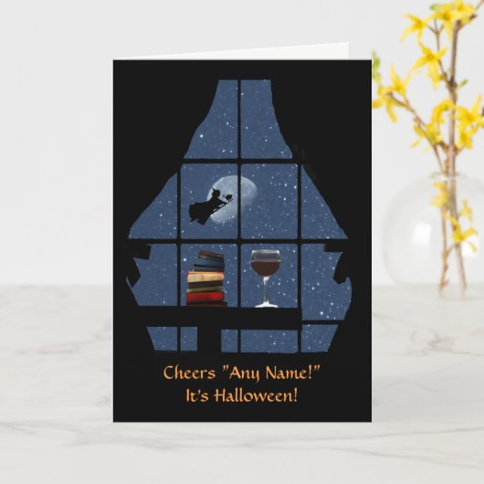 Halloween Wine en Witch Funny Custom Name Kaart (Gele Bloem)