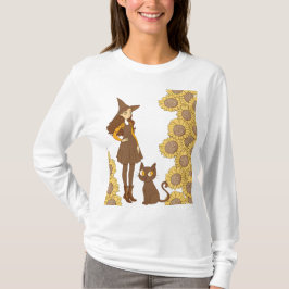 Halloween Witch and Cat Basic T-shirt met lange mo