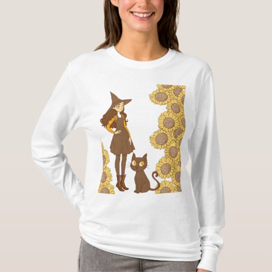 Halloween Witch and Cat Basic T-shirt met lange mo (Voorkant)