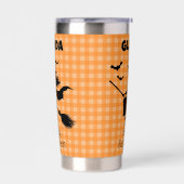Halloween Witch & Bats Orange Plaid Custom Name Geïsoleerde Drinkbeker (Links)