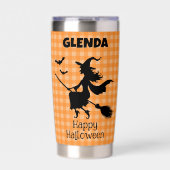 Halloween Witch & Bats Orange Plaid Custom Name Geïsoleerde Drinkbeker (Voorkant)