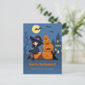 Halloween Witch, Black Cat en Pumpkins Briefkaart (Staand voorkant)