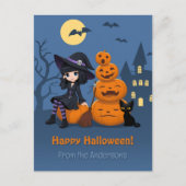 Halloween Witch, Black Cat en Pumpkins Briefkaart (Voorkant)