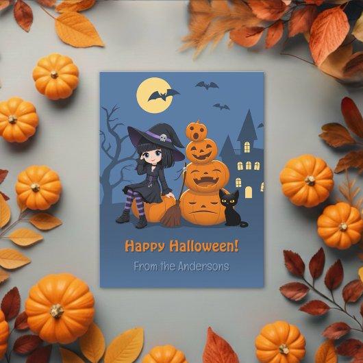 Halloween Witch, Black Cat en Pumpkins Briefkaart