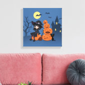 Halloween Witch, Black Cat en Pumpkins Canvas Afdruk (Insitu (Woonkamer))