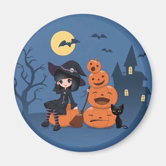 Halloween Witch, Black Cat en Pumpkins Magneet (Voorkant)
