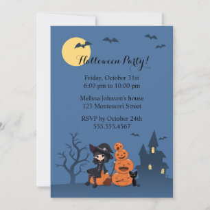 Halloween Witch, Black Cat en Pumpkins Party Kaart