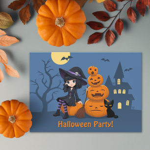 Halloween Witch, Black Cat en Pumpkins Party Kaart