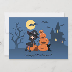 Halloween Witch, Black Cat en Pumpkins Party Kaart