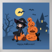 Halloween Witch, Black Cat en Pumpkins Poster (Voorkant)