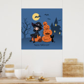 Halloween Witch, Black Cat en Pumpkins Poster (Keuken)