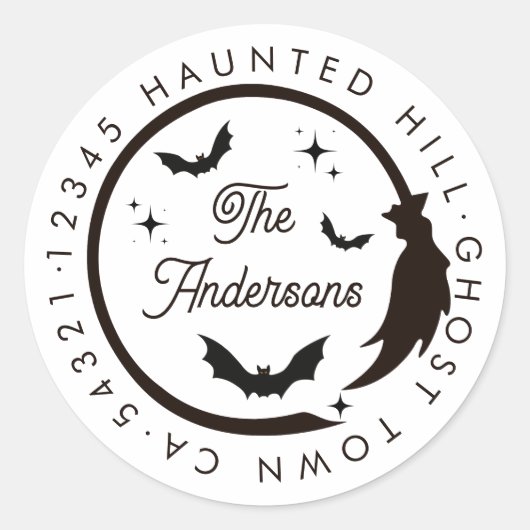 Halloween Witch Broom Bats Spooky | Wit Ronde Sticker (Voorkant)