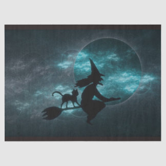 Halloween Witch Cat Broom Moon Clouds Tissuepapier