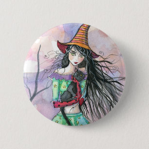 Halloween Witch Cat Button Pin
