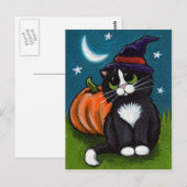Halloween Witch Cat en Pumpkin Illustratie Briefkaart (Voorkant / Achterkant)