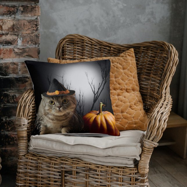 Halloween Witch Cat Met Pompoen Sierkussen (Halloween Witch Cat Pillow)
