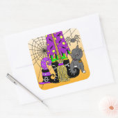 Halloween Witch, Cat, Spider en Broomstick Vierkante Sticker (Envelop)
