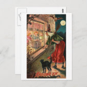 Halloween Witch, Cat Staring in Window Briefkaart (Voorkant / Achterkant)