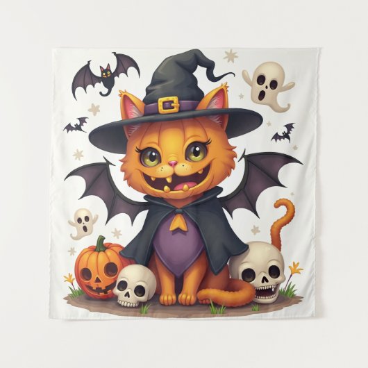 Halloween Witch Cat Tapestry Wandkleed (Voorkant)