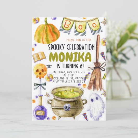 Halloween Witch Cauldron Invitation Anniversaire (Debout devant)