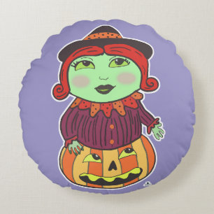 Halloween  Witch Classic Drawn Art Paarse Rond Kussen