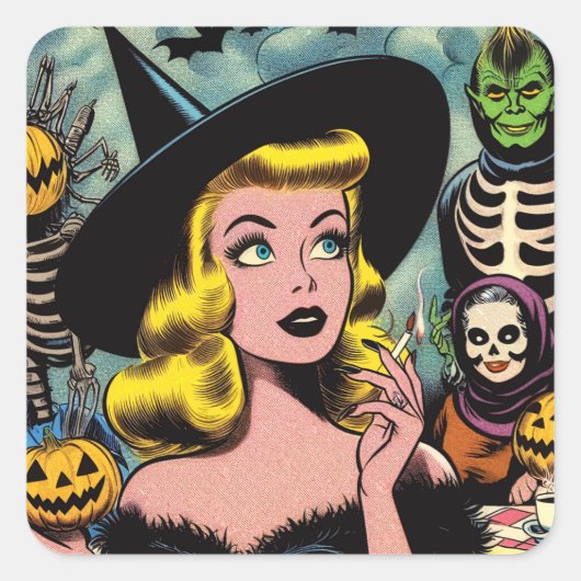  Halloween Witch Comics Vierkante Sticker (Voorkant)