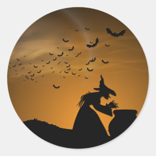 Halloween Witch en Cauldron met katten Ronde Sticker