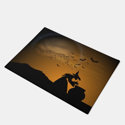 Halloween Witch en Cauldron met vleermuizen Deurmat (Schuin)