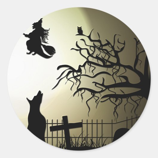 Halloween Witch en Howling Dog Ronde Sticker (Voorkant)