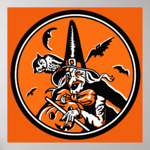 Halloween Witch en Owl Illustratie Poster
